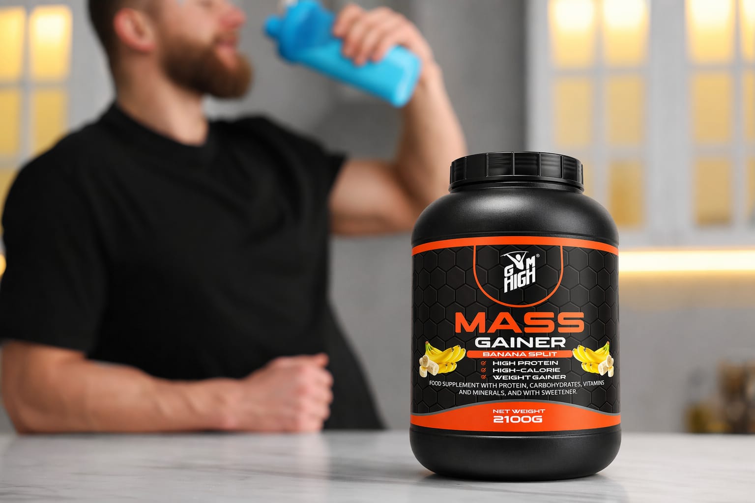 Young man with shaker of protein at white marble table in kitchen, focus on jar Mass Gainer powder