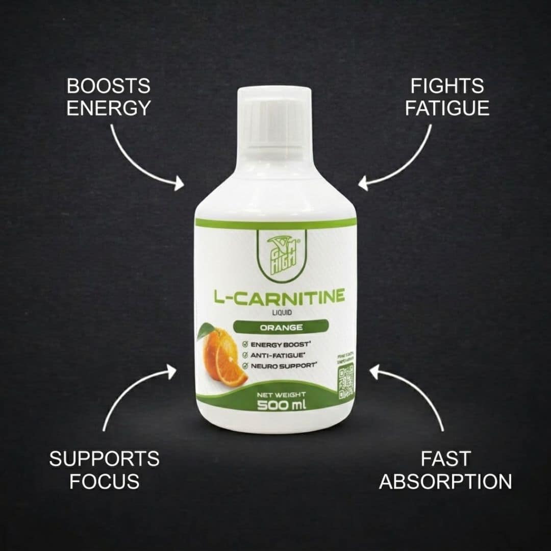 Product image of GYM HIGH L-Carnitine Liquid Orange (500ml) on a dark background with white arrows highlighting key benefits: Boosts Energy, Fights Fatigue, Supports Focus, and Fast Absorption.