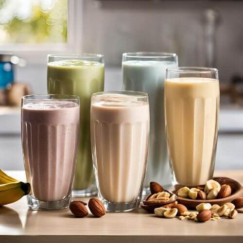 5 glasses filled with protein shakes for weight gain