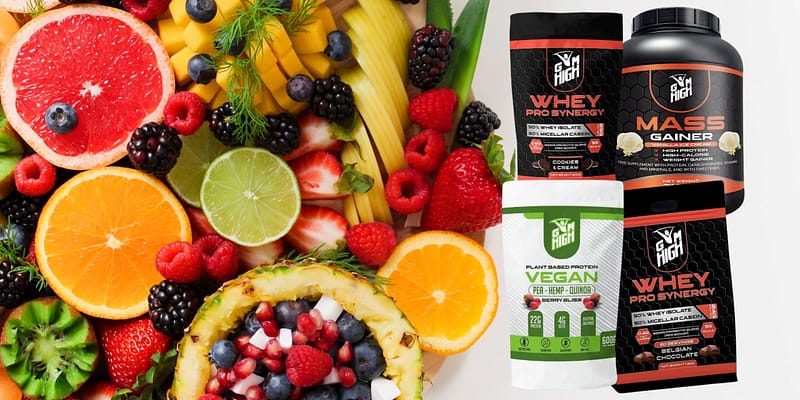 A variety of fresh fruits and vegetables alongside supplement bottles