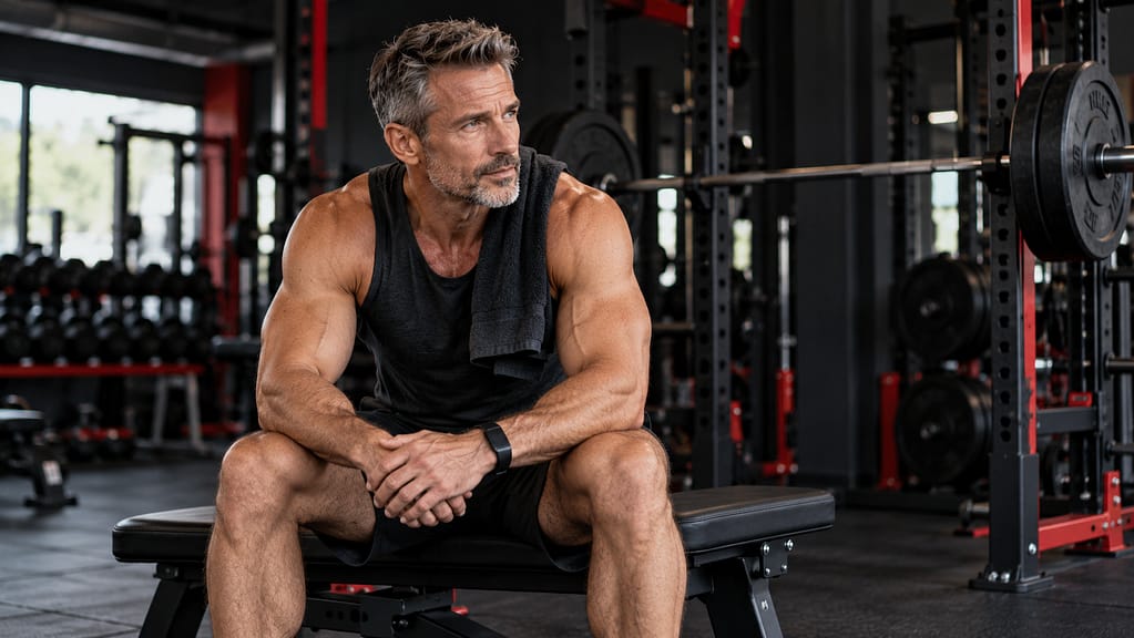 Mature male athlete resting between sets during strength training after 40