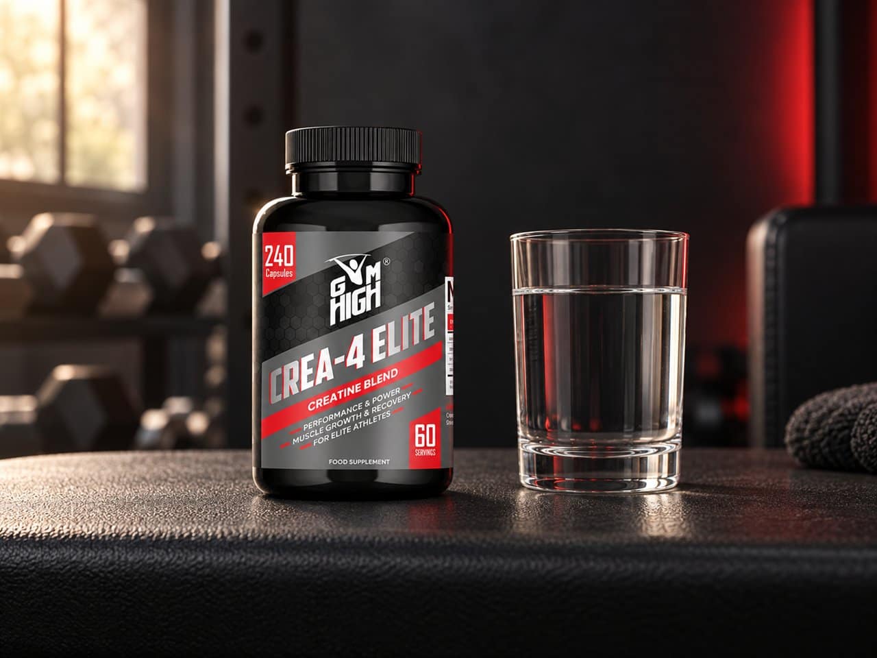 GYM HIGH CREA-4 Elite beside a glass of water