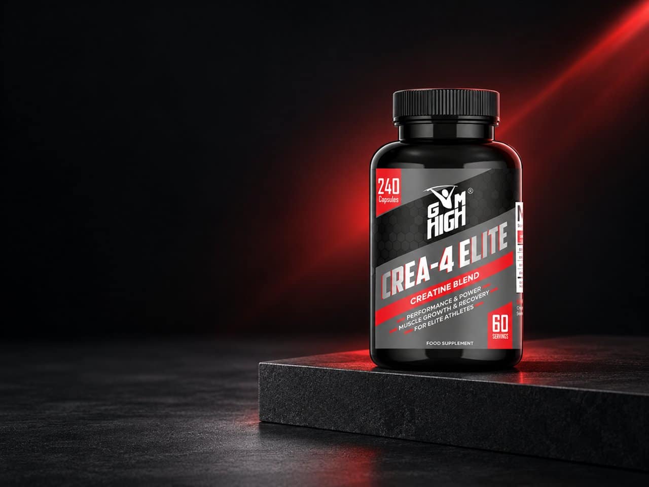 GYM HIGH CREA-4 Elite bottle in a dark studio setting