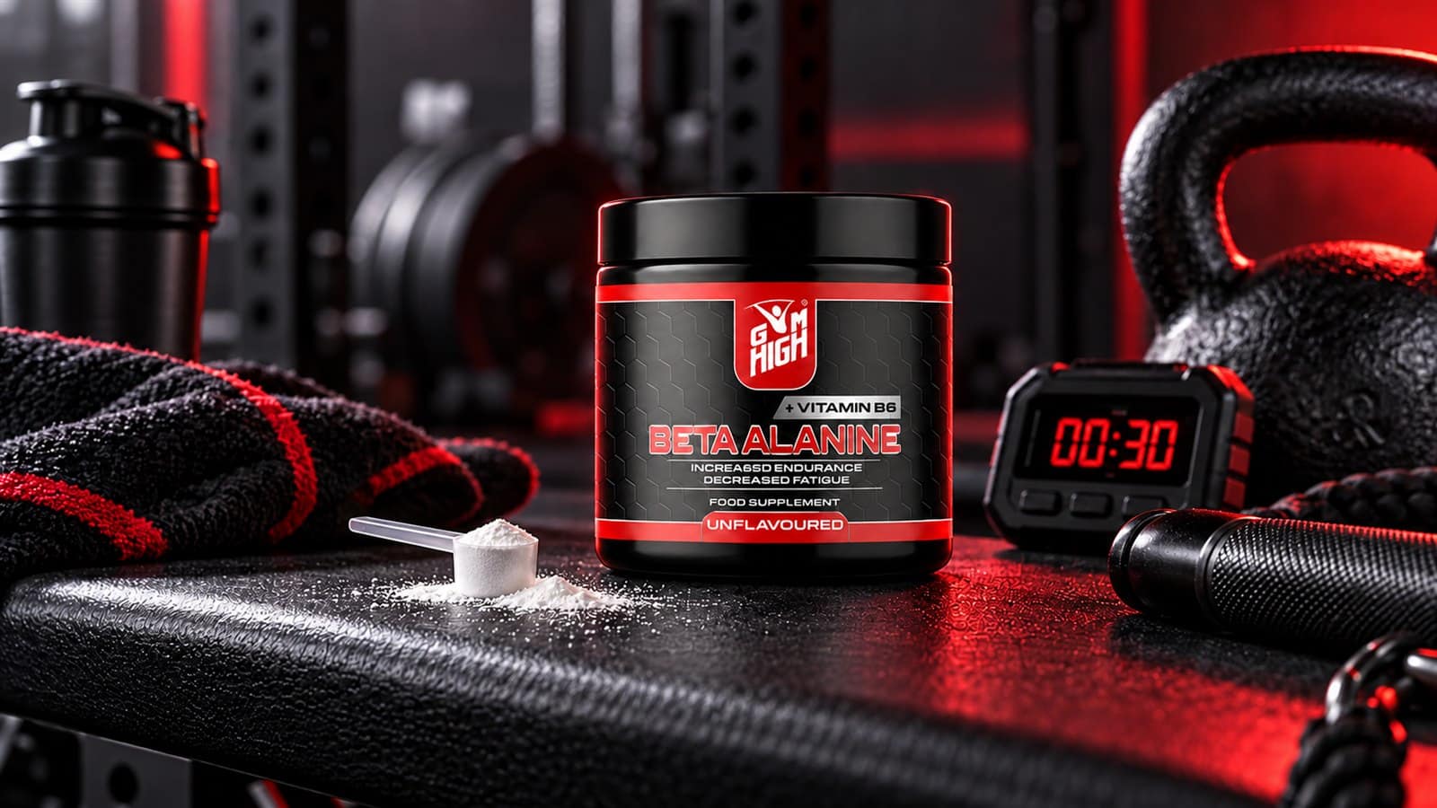 Gym High Beta Alanine powder with a small measured scoop and training timer on a gym bench