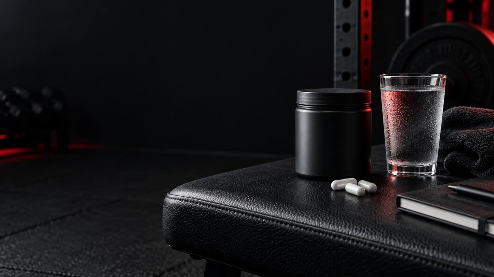 Creatine capsules beside water and a training notebook on a dark gym bench