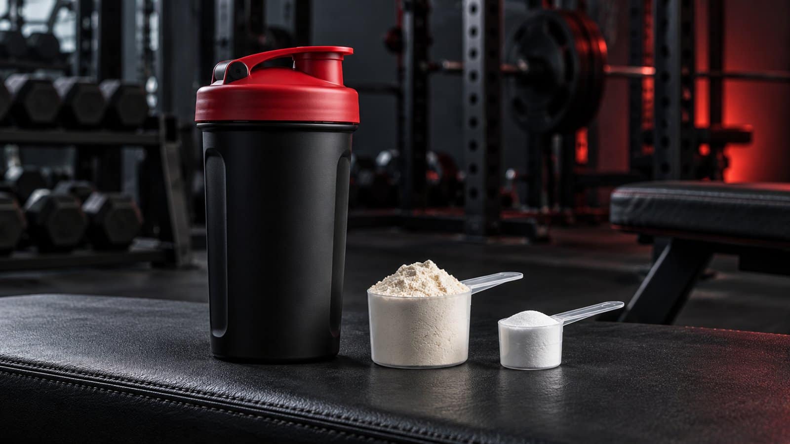 Black shaker beside separate scoops of protein powder and creatine in a dark gym