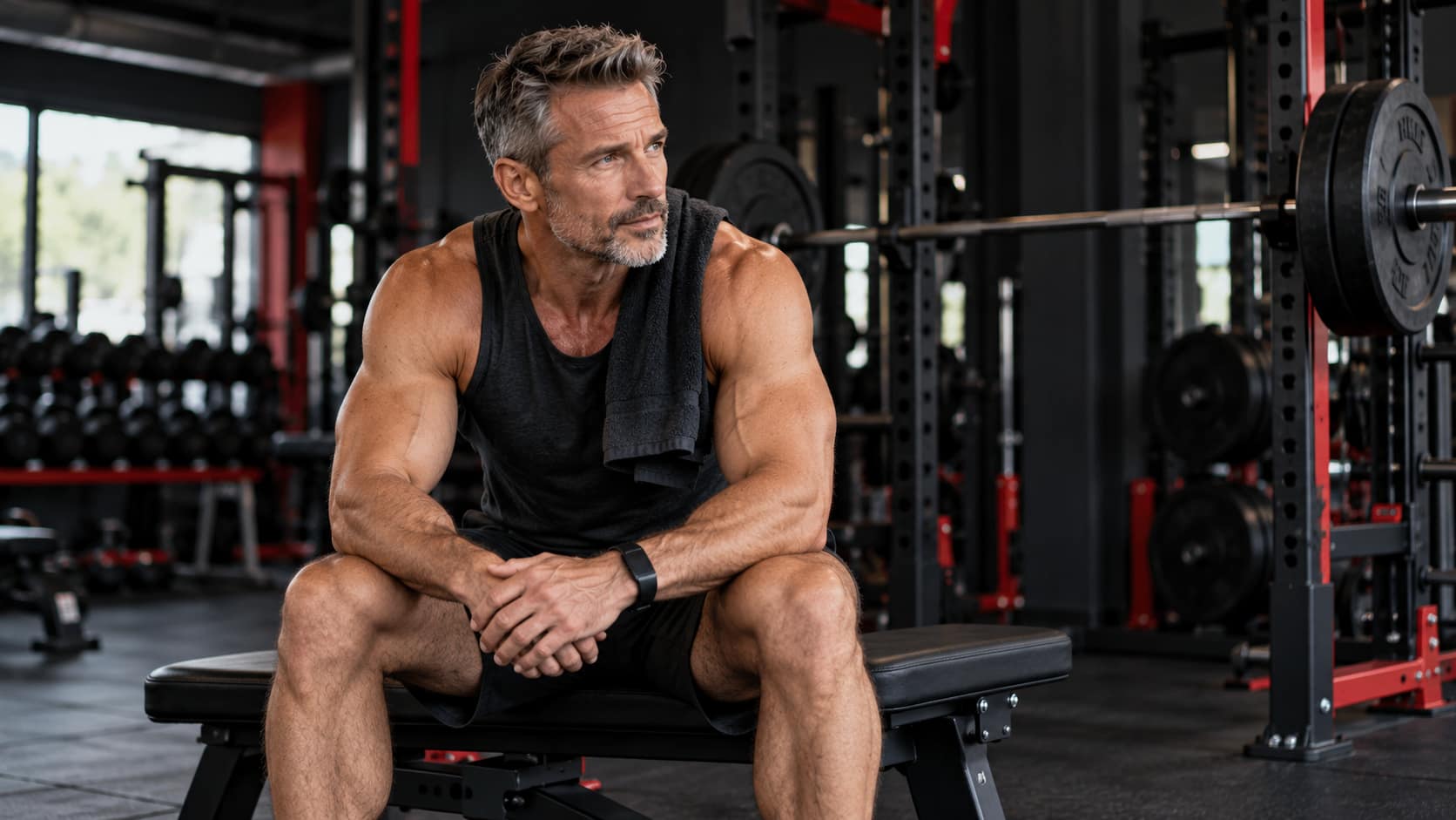 Mature male athlete resting between sets during strength training after 40