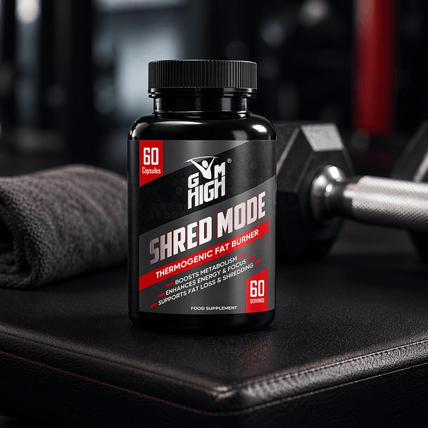 GYM HIGH Shred Mode capsules beside gym equipment