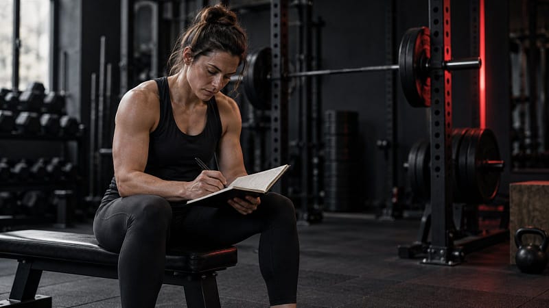Strength athlete reviewing a training log between sets in a dark gym
