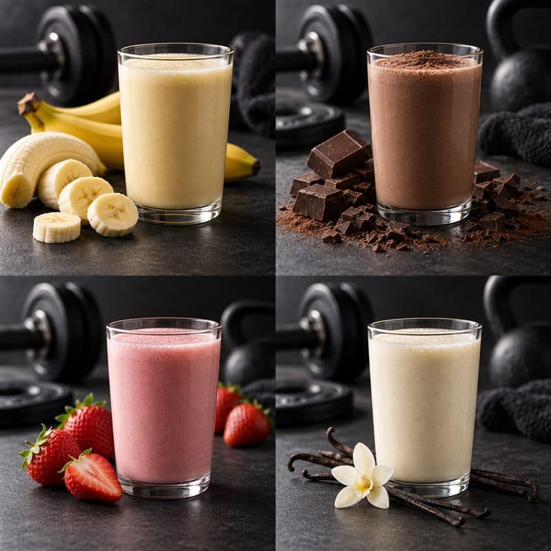 Banana, Chocolate, Strawberry and Vanilla flavour shakes
