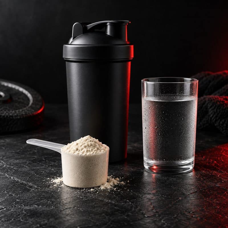 Protein powder preparation with shaker, water and scoop