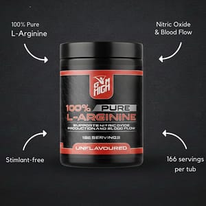Gym High brand L-Arginine Powder Supplement black tub on dark background
