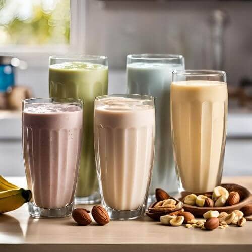 5 glasses filled with protein shakes for weight gain