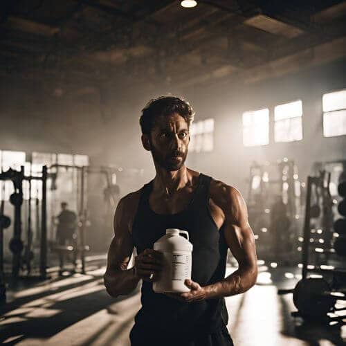 man holding protein drink at the gym