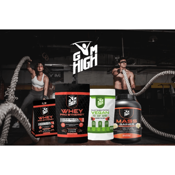 A protein powder next to gym equipment.