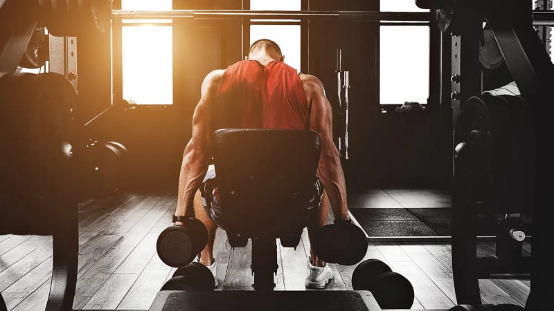 A person lifting heavy weights in a gym, representing muscle building.